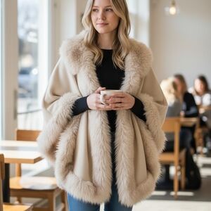 Luxurious Beige Fur-Trimmed Women's Cape